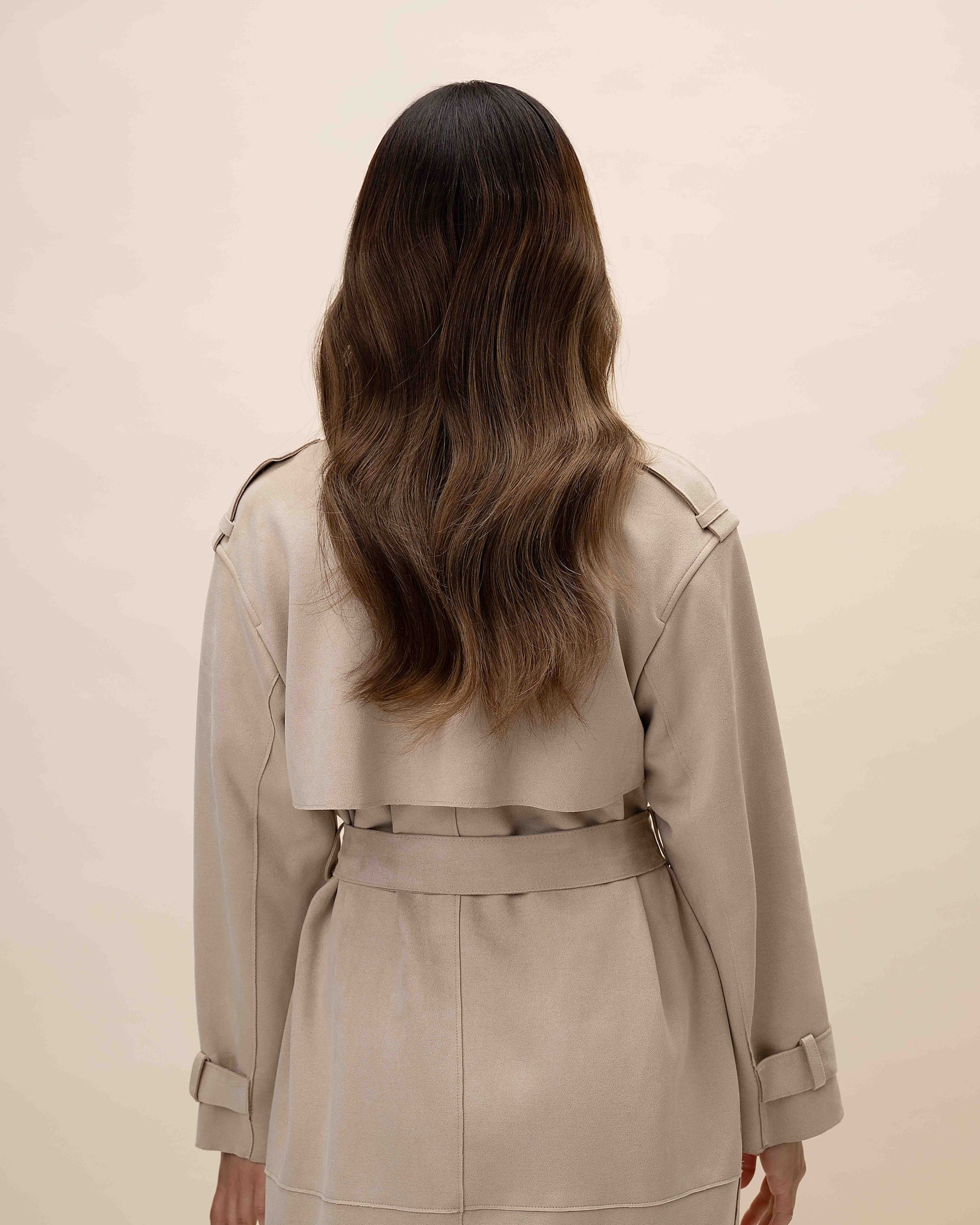 Brunette Balayage Wig 40 cm Remy human hair wig with dark brown roots blending into soft medium brown lengths, shown from the back on model.