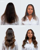 Before and after comparison of BHBD Hairband extensions on a woman with dark hair