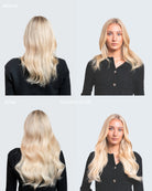 Before and after comparison of a woman with blonde hair, before and after BHBD halo extensions.