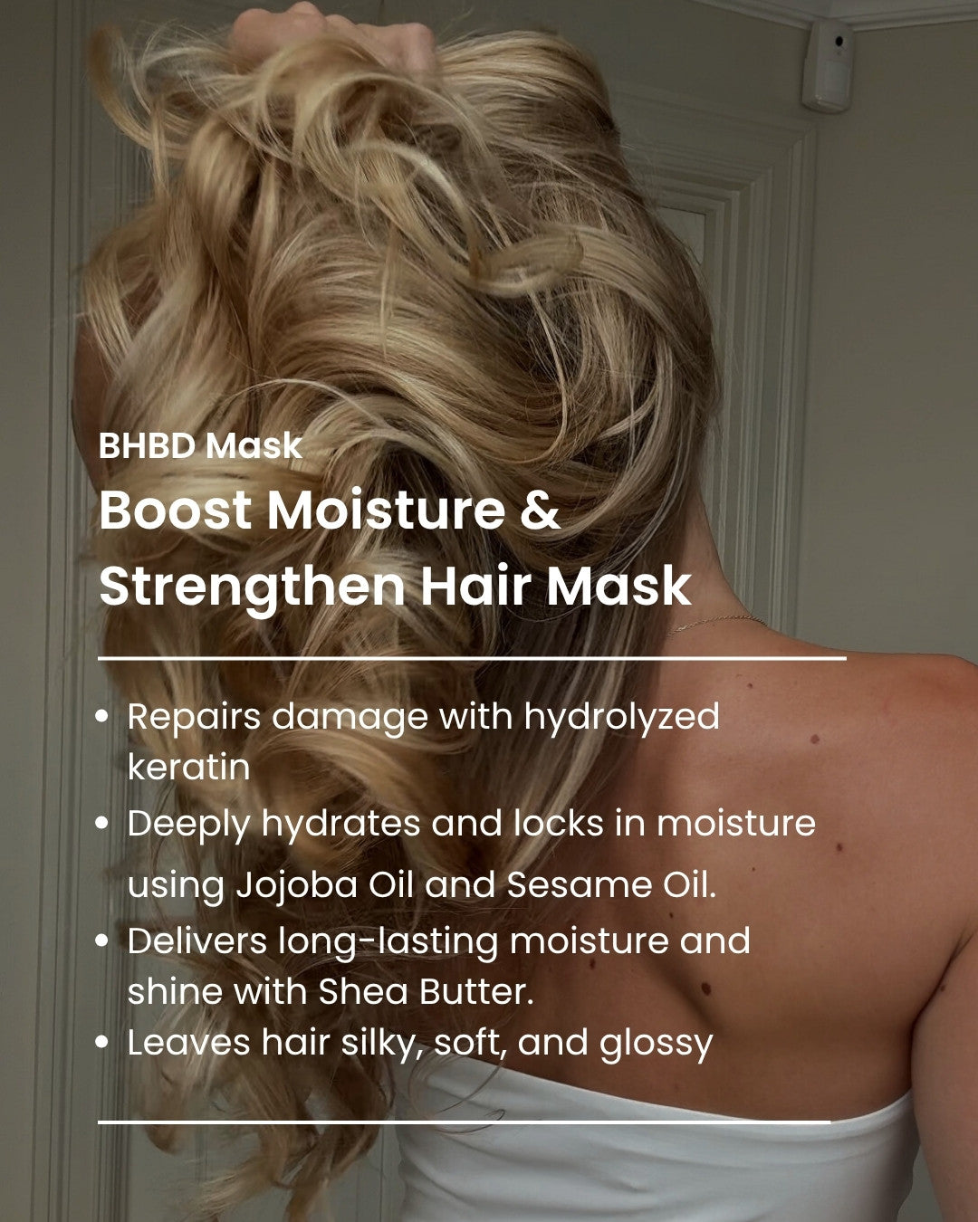 Person with styled hair showing benefits of a hair mask product.