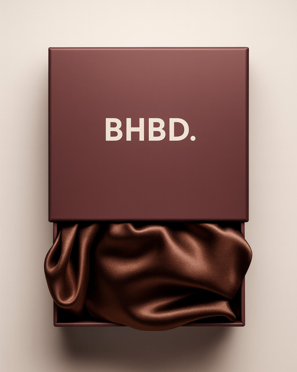 BHBD Silk Bonnet in chocolate brown, made from 100% mulberry silk; double-layered design for smooth overnight protection. Presented in a BHBD branded box. 